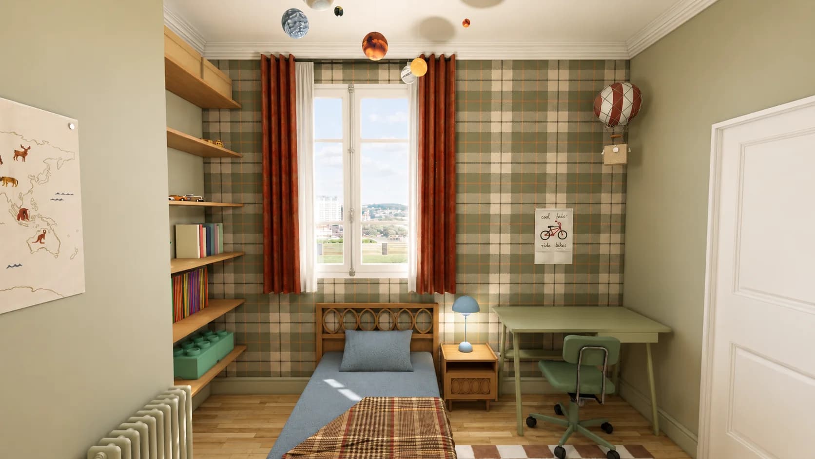 chambre enfant garçon papier peint tartan vert rideaux rouges