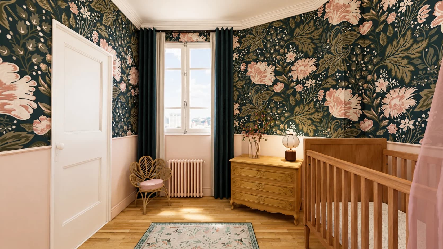 chambre bébé fille papier peint floral bleu rose