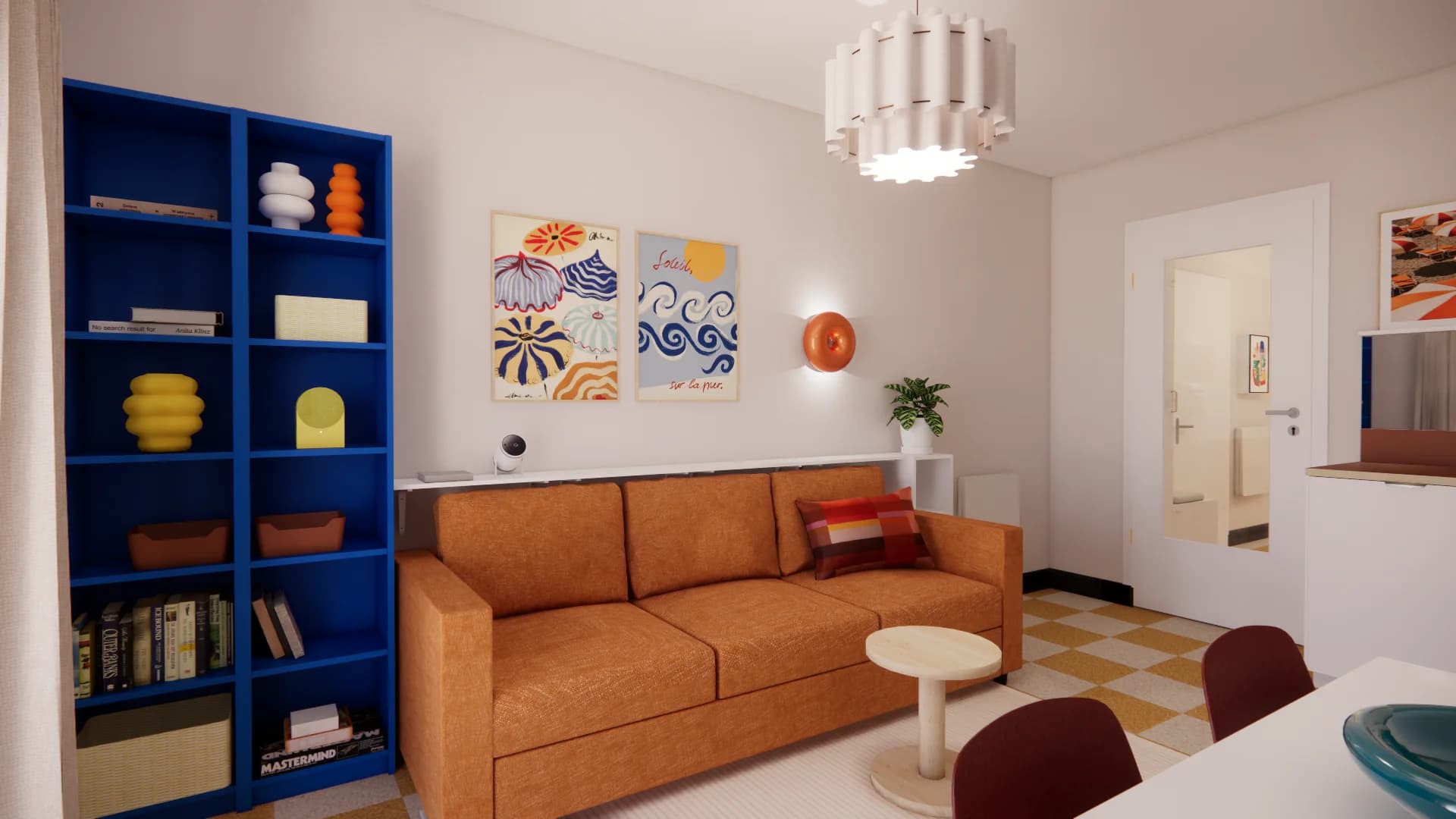 salon 1960 pop canapé orange bibliothèque bleue carrelage damier jaune