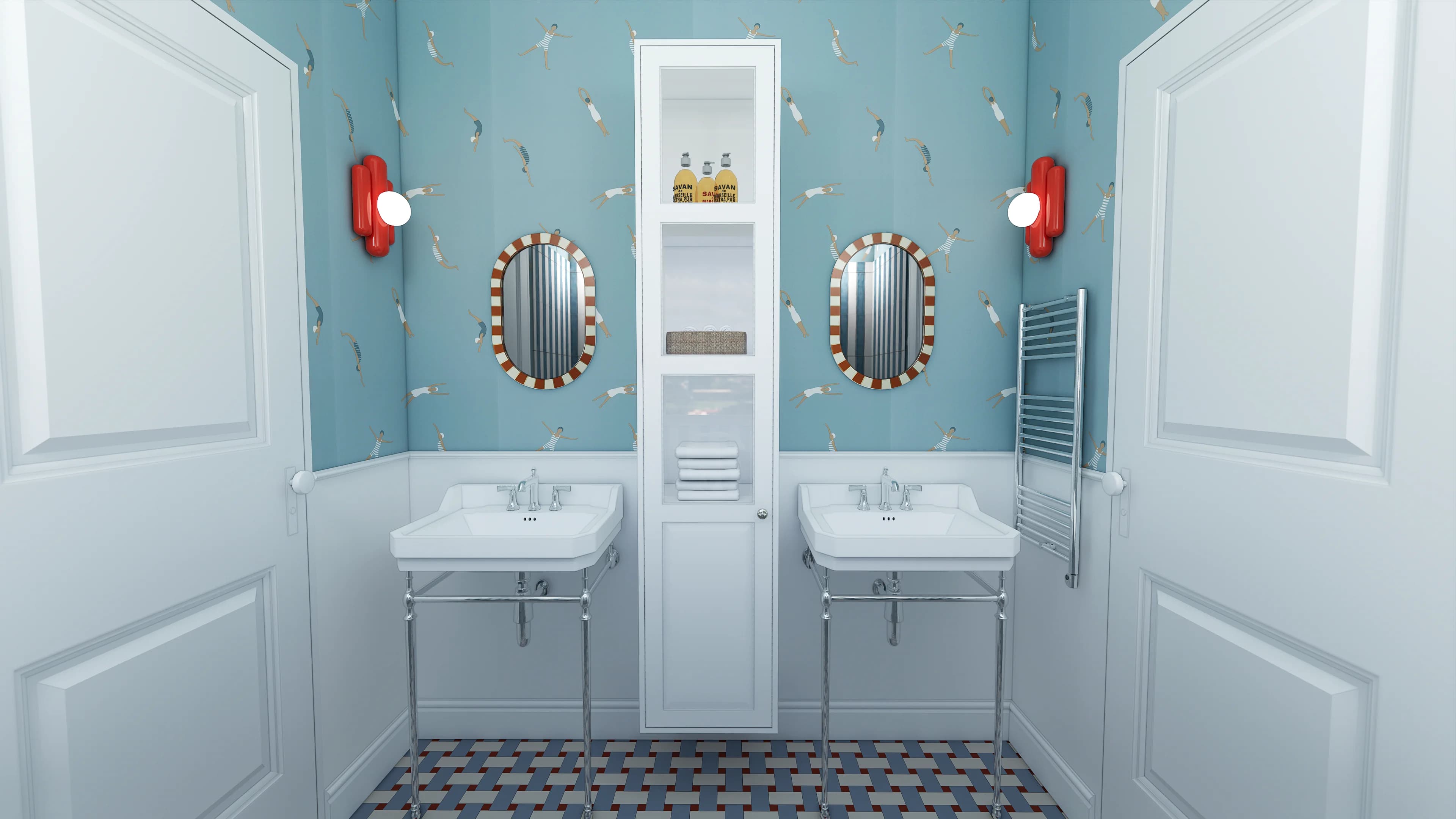 salle de bain vintage bleu rouge blanc mosaïque papier peint nageurs
