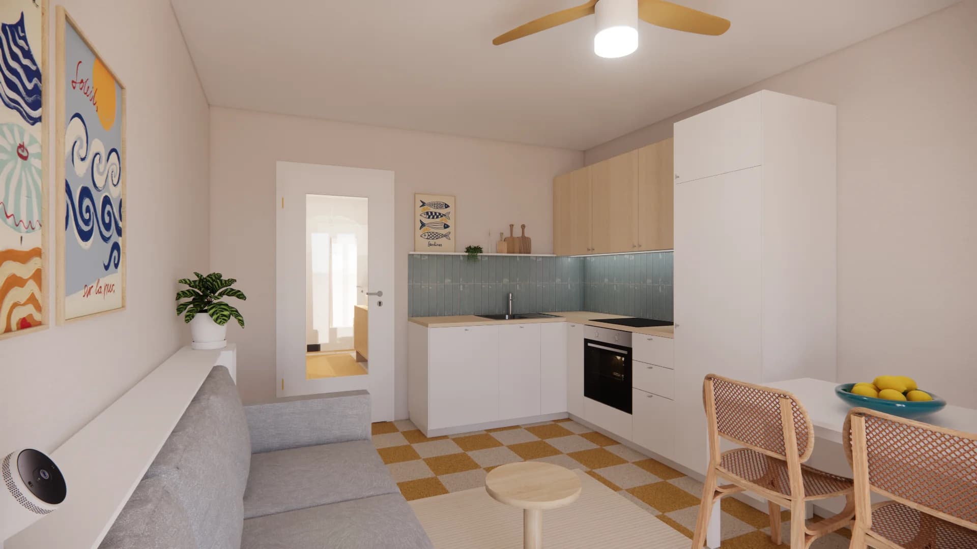 séjour cuisine ouverte blanc bois bleu jaune
