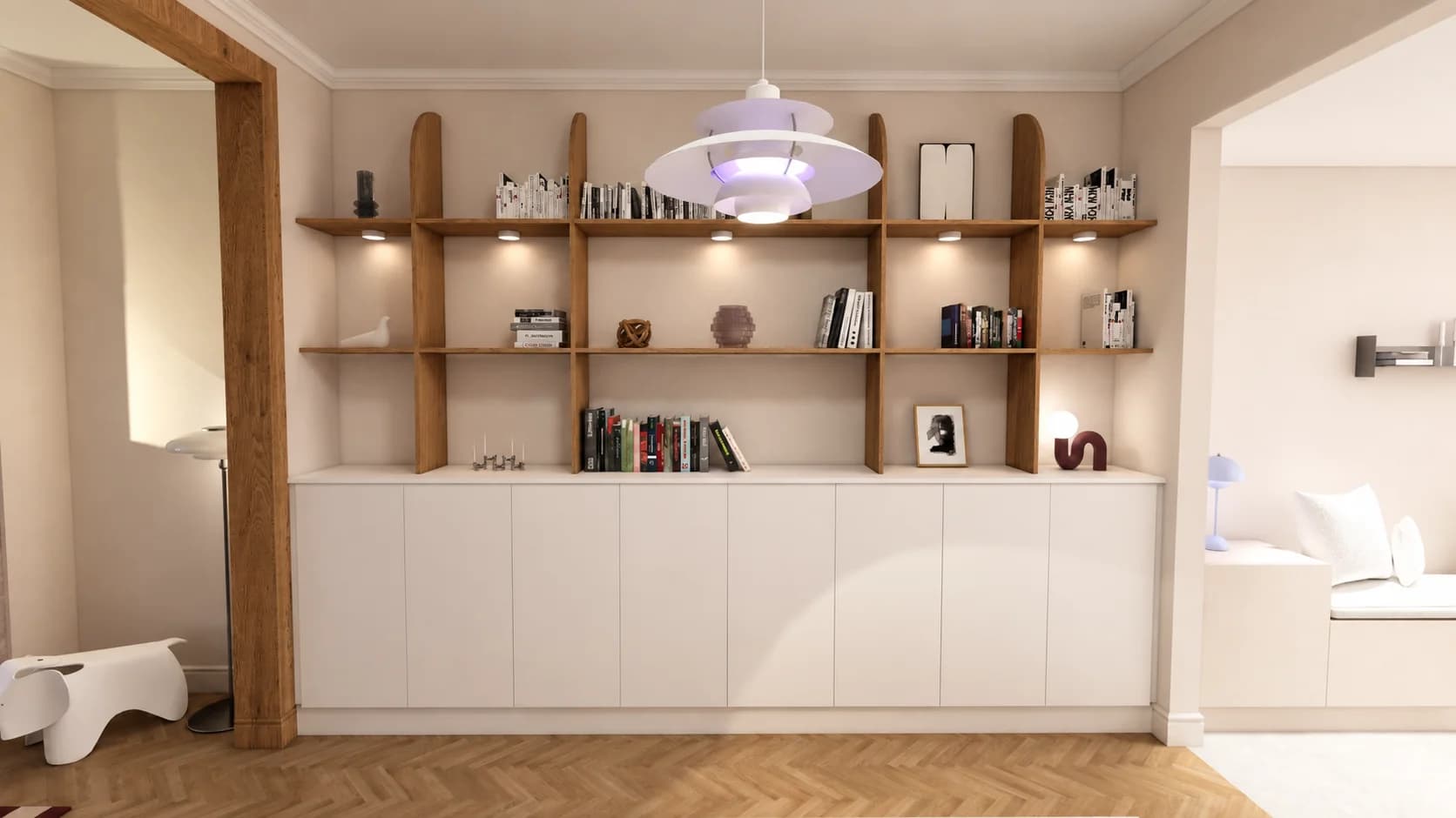 bibliothèque sur mesure blanc bois design lampe PH5