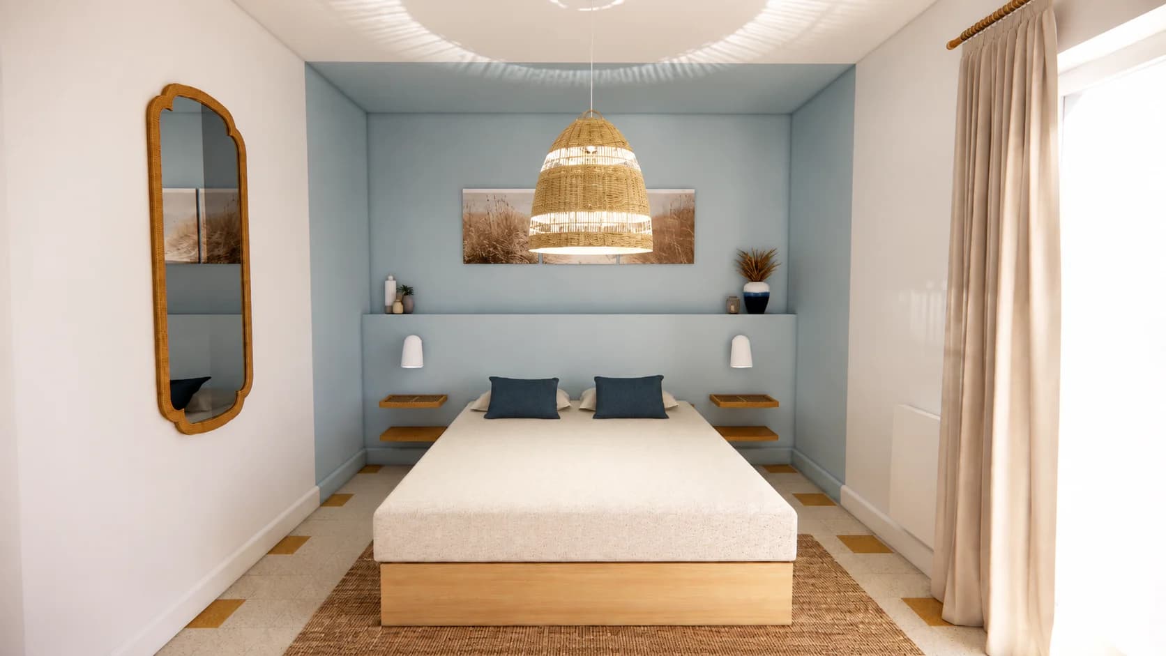 chambre tête de lit bleu ciel alcôve bord de mer
