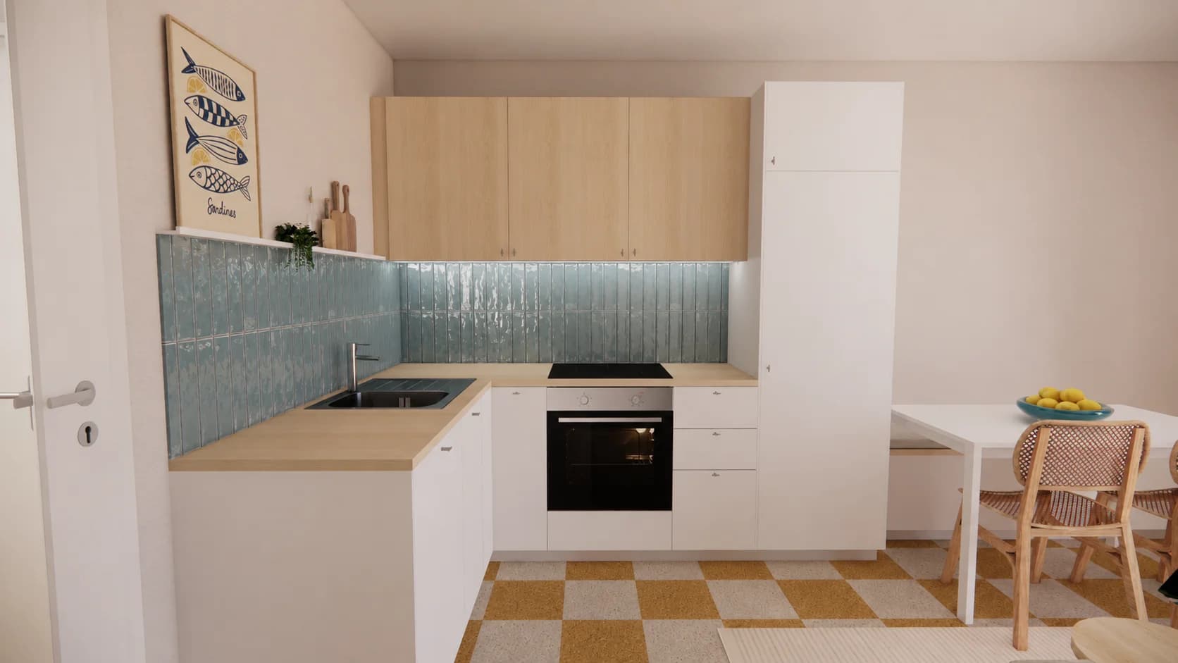 cuisine blanc bois zellige bleu clair carrelage damier jaune