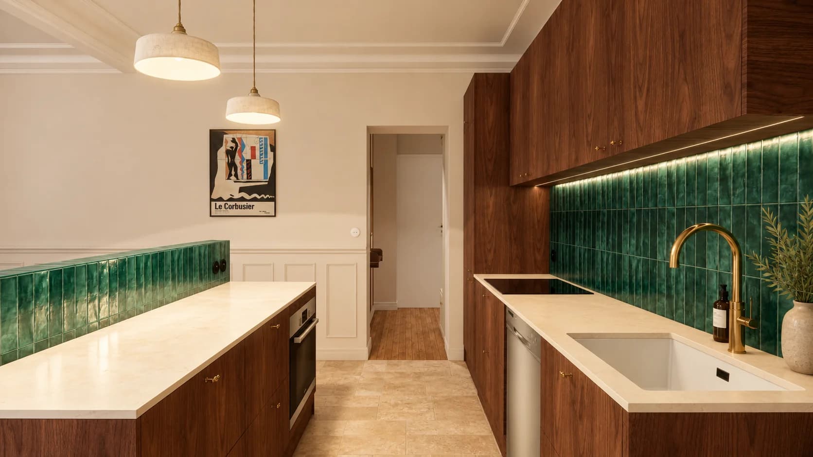 cuisine noyer travertin zellige vert foncé