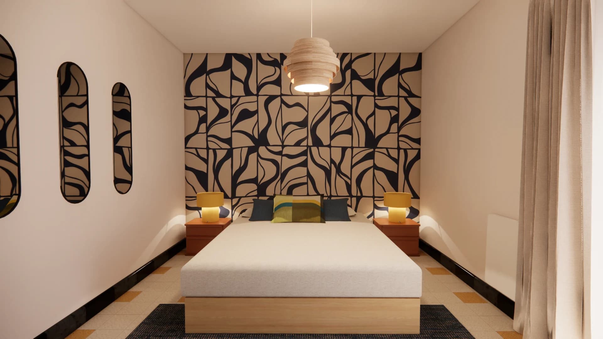 chambre papier peint graphique bleu blanc jaune