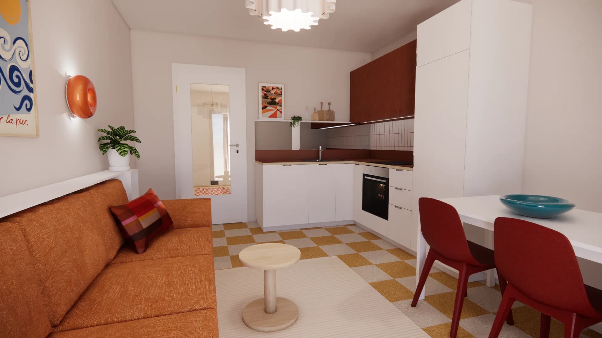 séjour cuisine jaune terracotta 1960