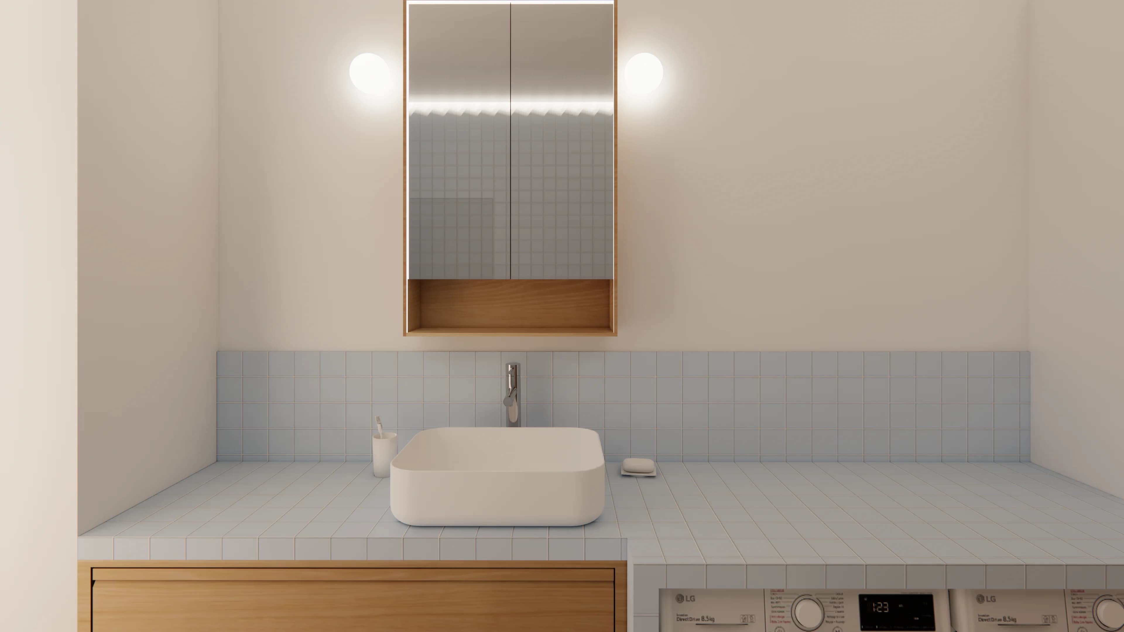 salle de bain blanc bleu petits carreaux baignoire